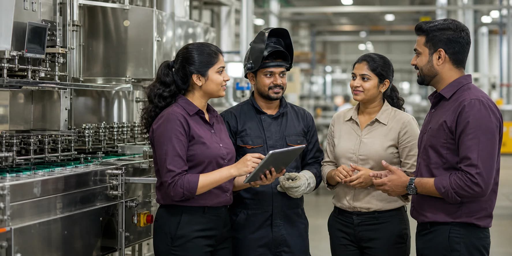 An Indian engineering and manufacturing team collaborating beside stainless-steel machinery